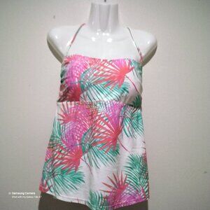 Island Escape White Coral, Pink & Green Tropical Print Halter Tankini Top NWT 14